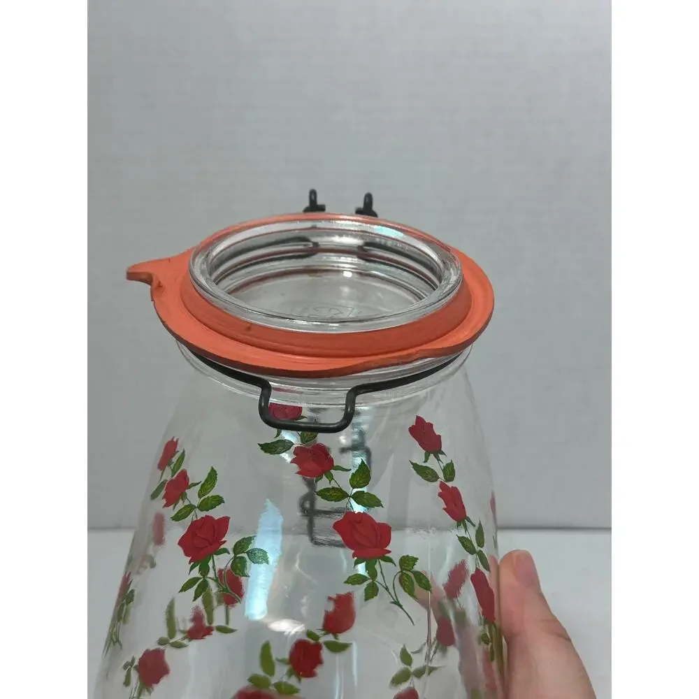 Vintage ARC Red Roses / Flowers Jar / Cannister Made in France 1.5 L